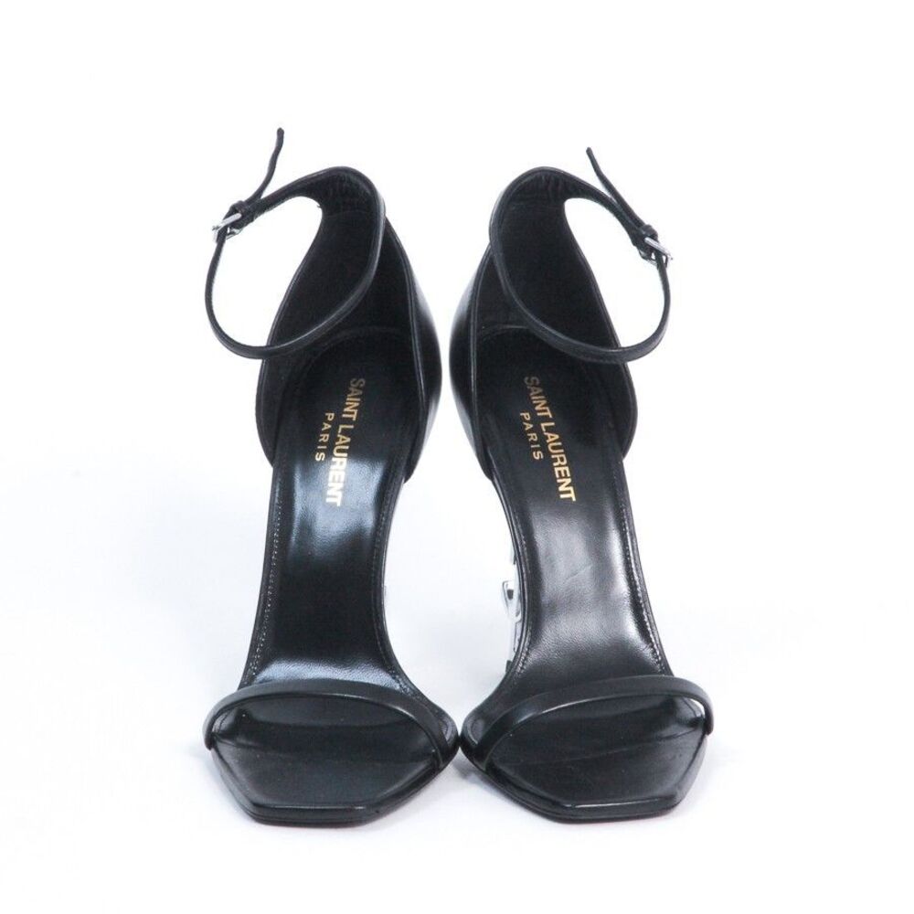 Saint Laurent Opyum Sandals Black Leather Silver YSL Logo Heel Shoes 39 Italy - Picture 5 of 15